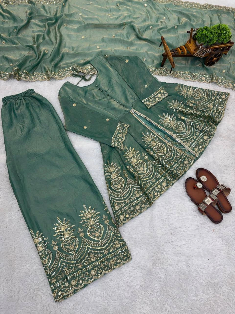 Sage Green Sequins Mirror Work Palazzo Suit flat lay 15 – Kalyanja KU304